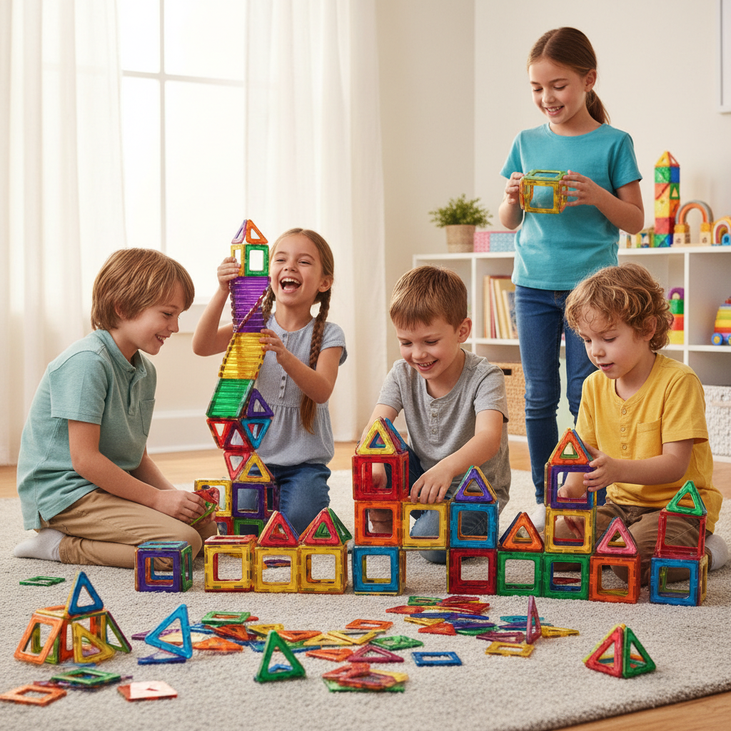 Niños jugando con bloques magnéticos educativos